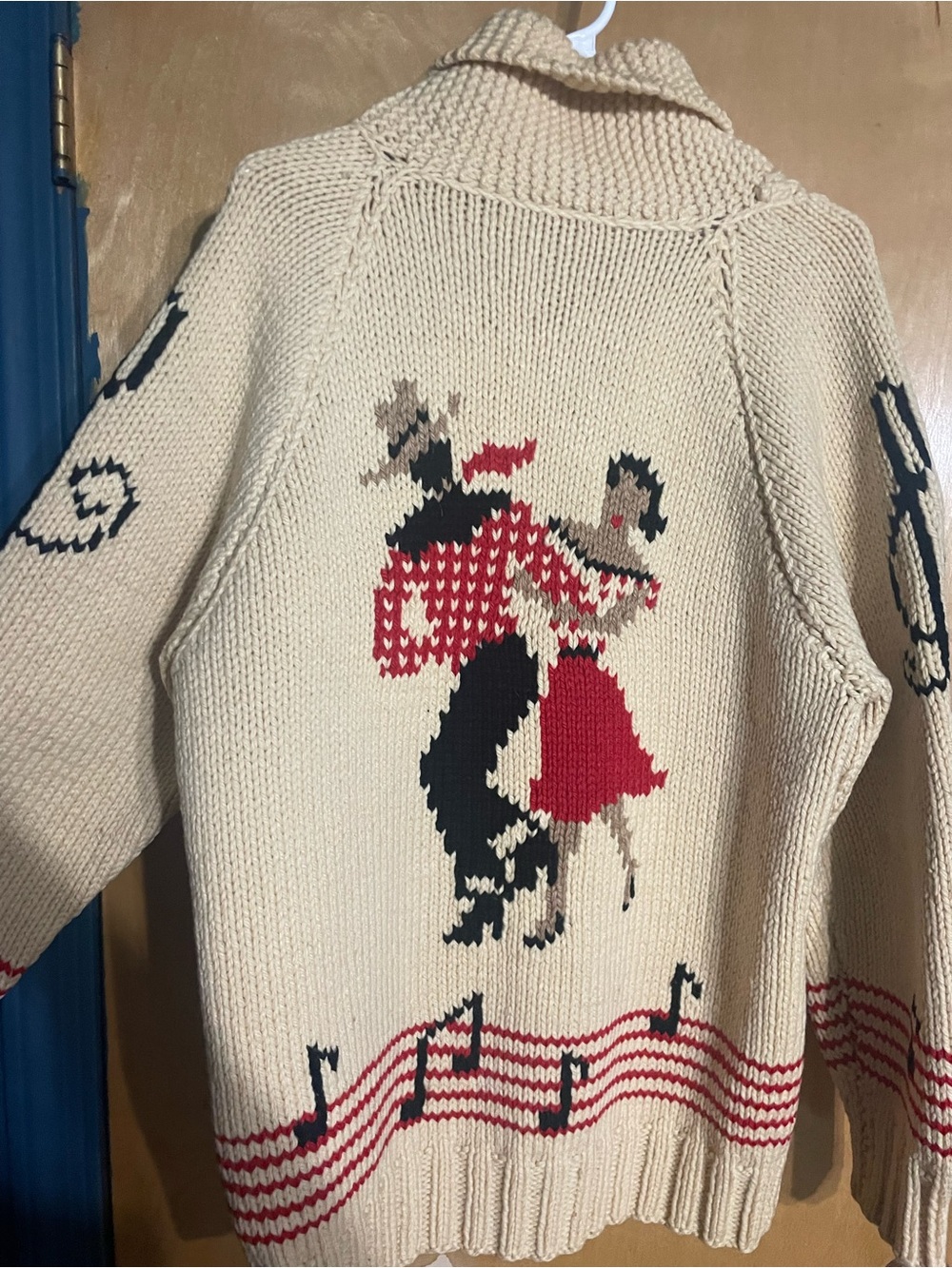 VINTAGE HANDMADE Knit Zip Cardigan with Dancing Couples and Red Accents - Picture 2 of 8